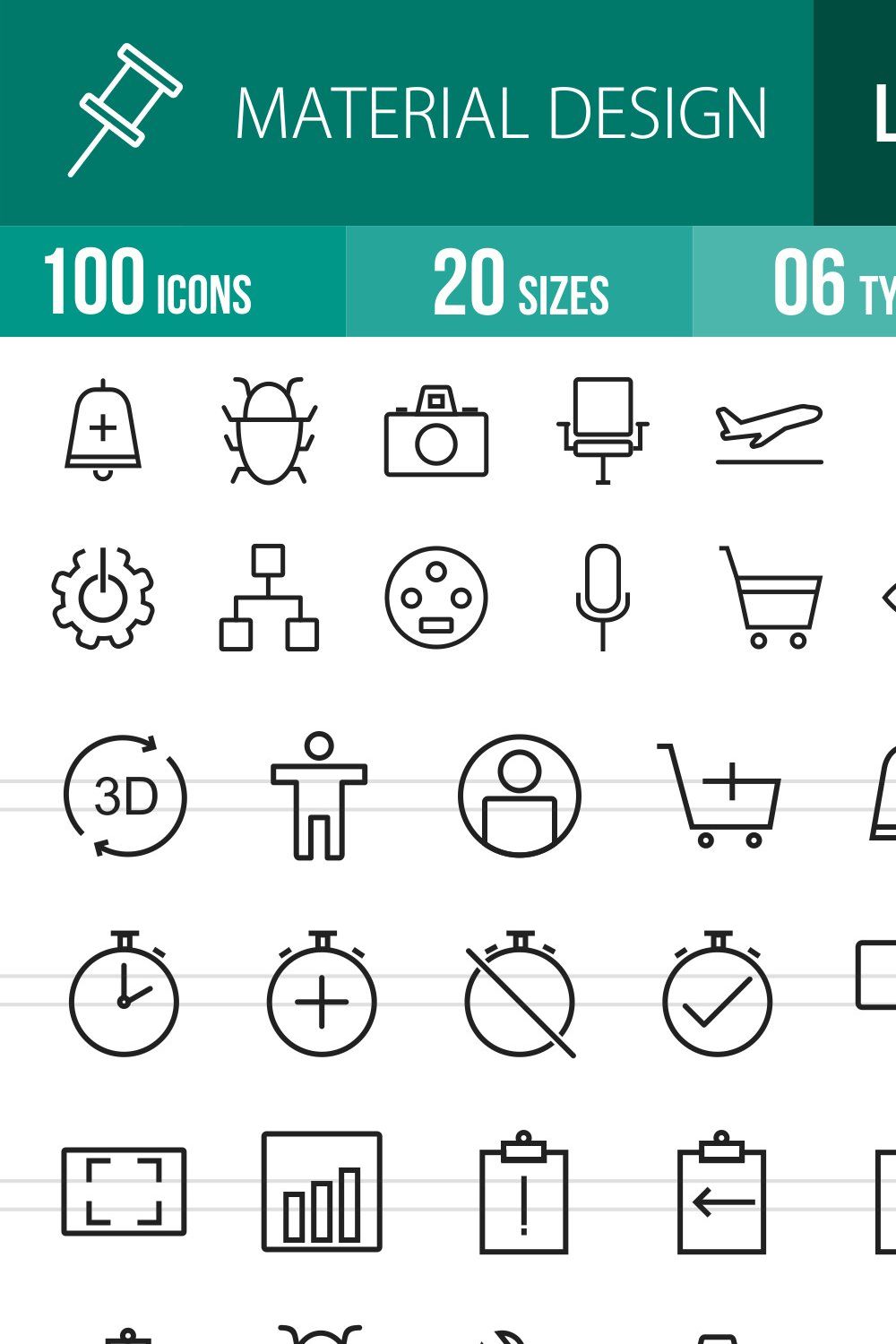 100 Material Design Line Icons pinterest preview image.