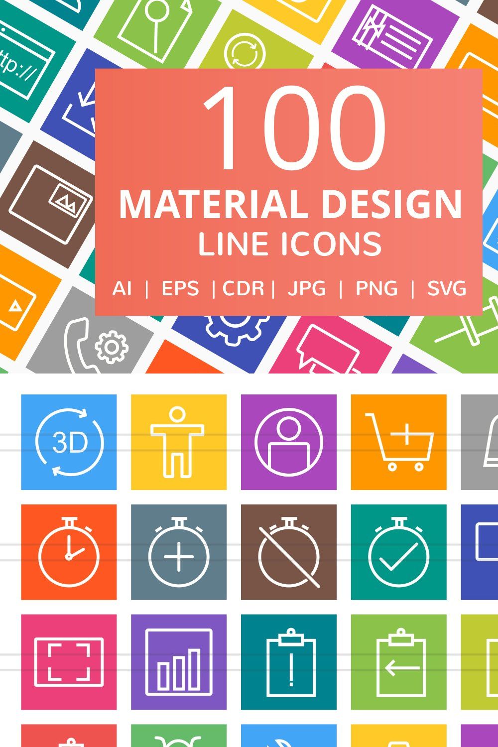 100 Material Design Line Icons pinterest preview image.