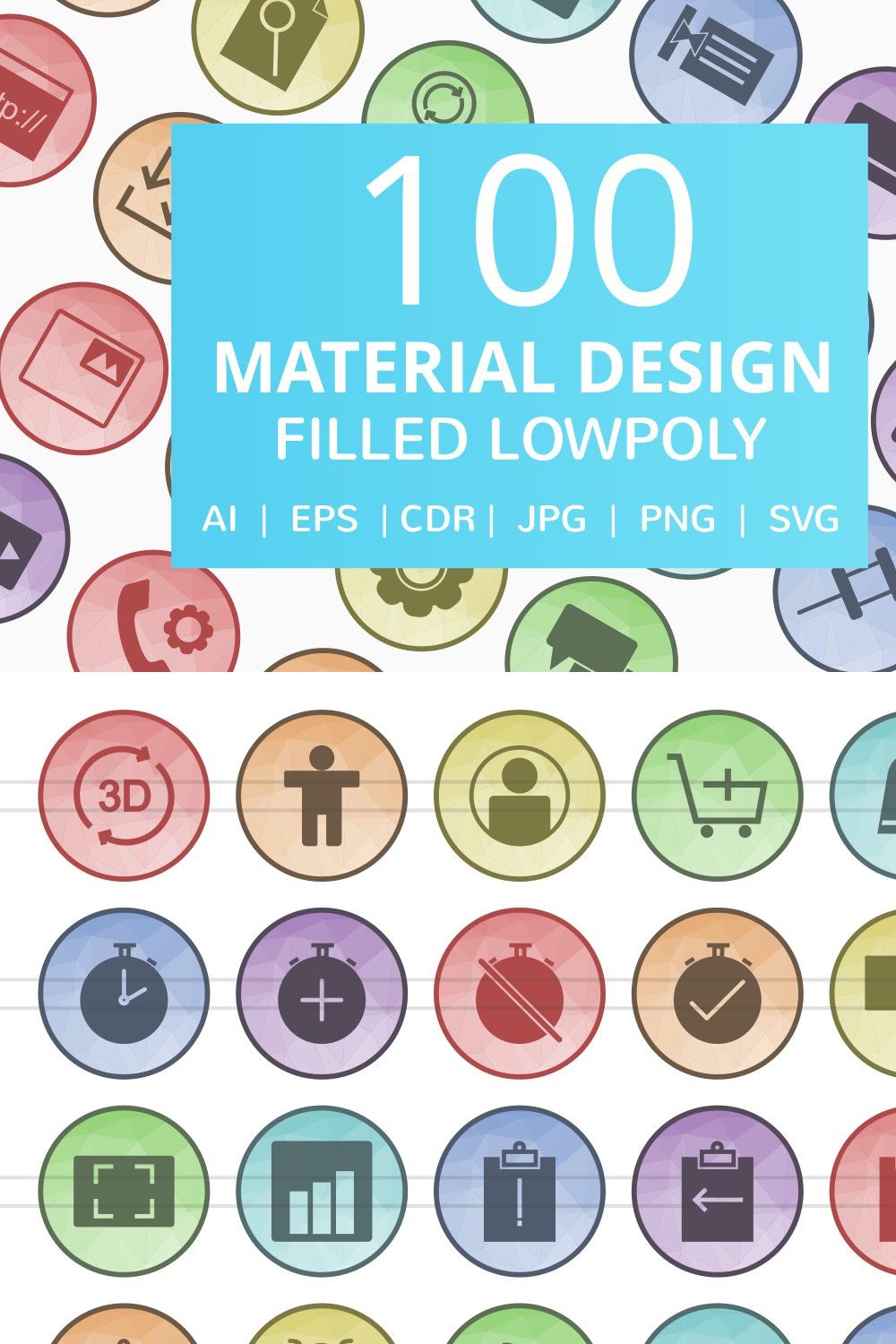 100 Material Design Low Poly Icons pinterest preview image.