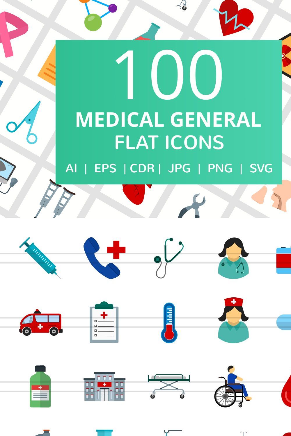 100 Medical General Flat Icons pinterest preview image.