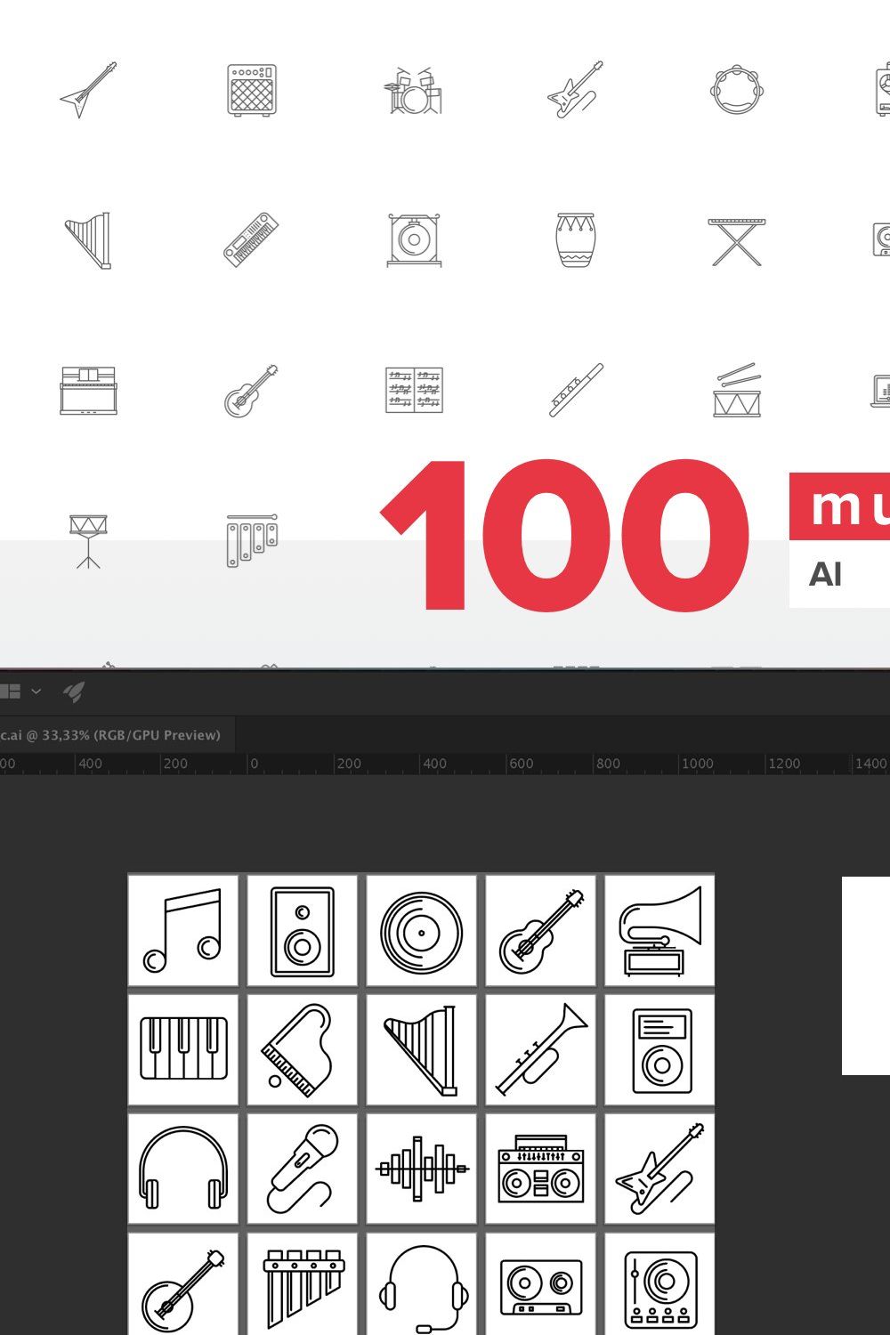 100 music icons pinterest preview image.