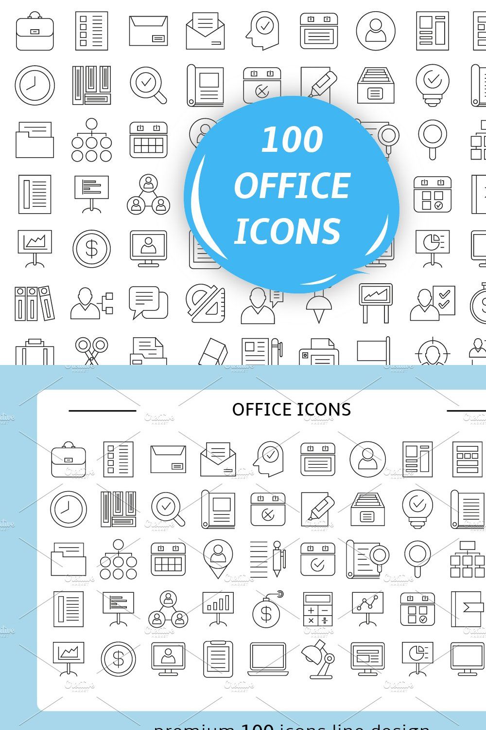 100 Office Icons Set pinterest preview image.
