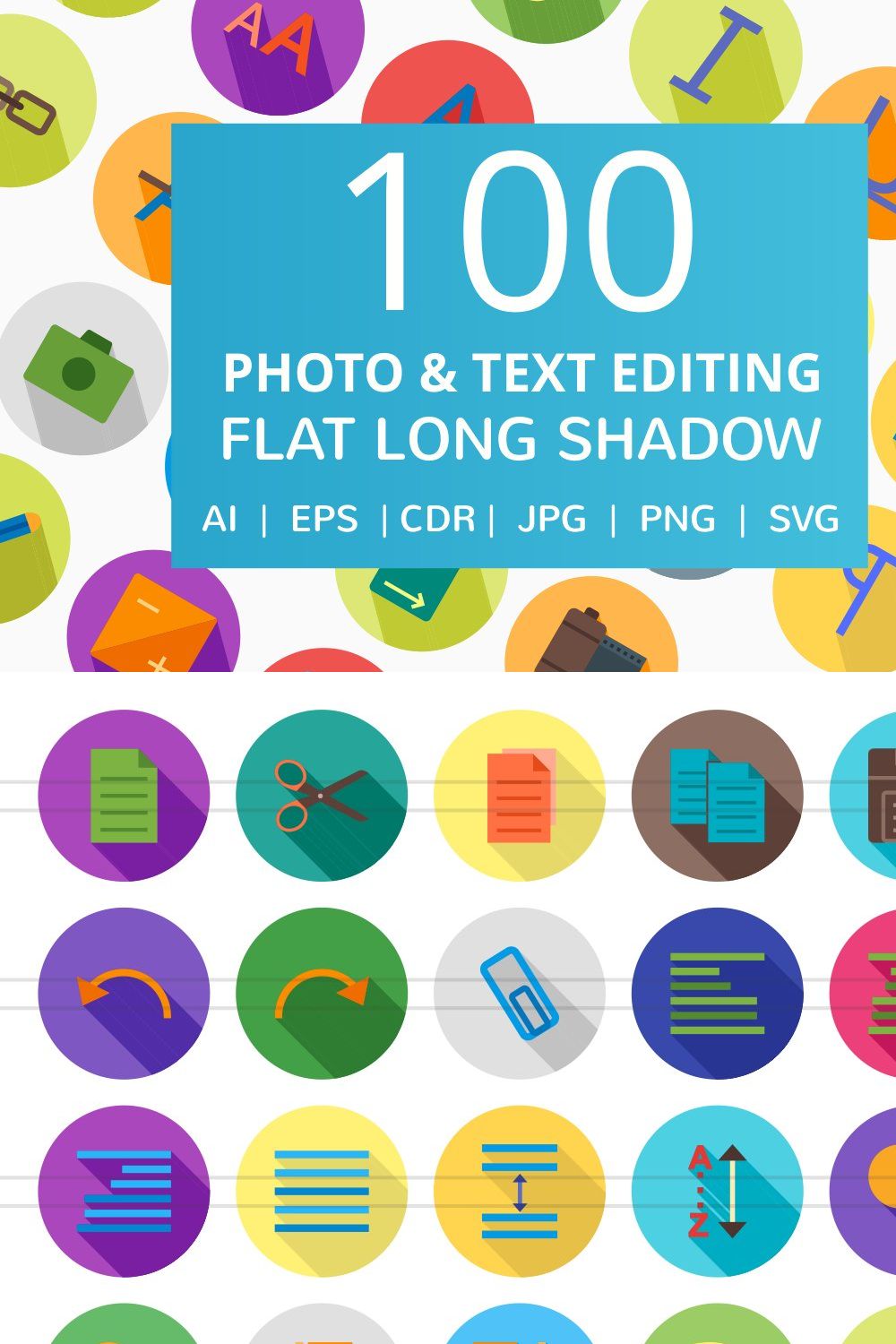 100 Photo & Text Editing Flat Icons pinterest preview image.