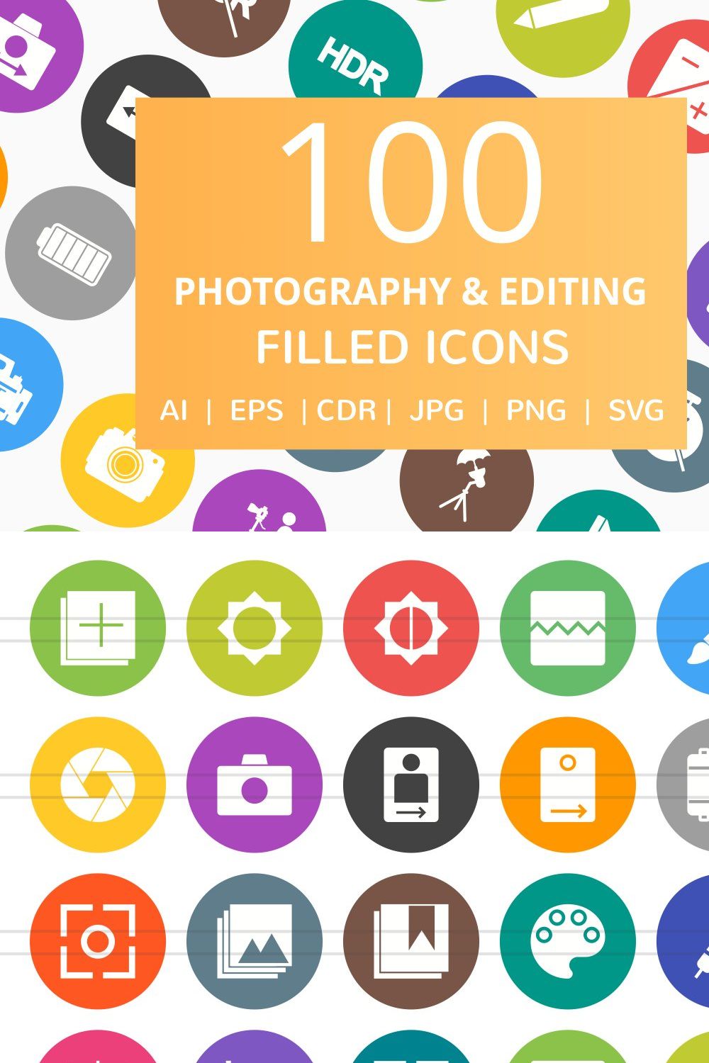 100 Photography Filled Round Icons pinterest preview image.