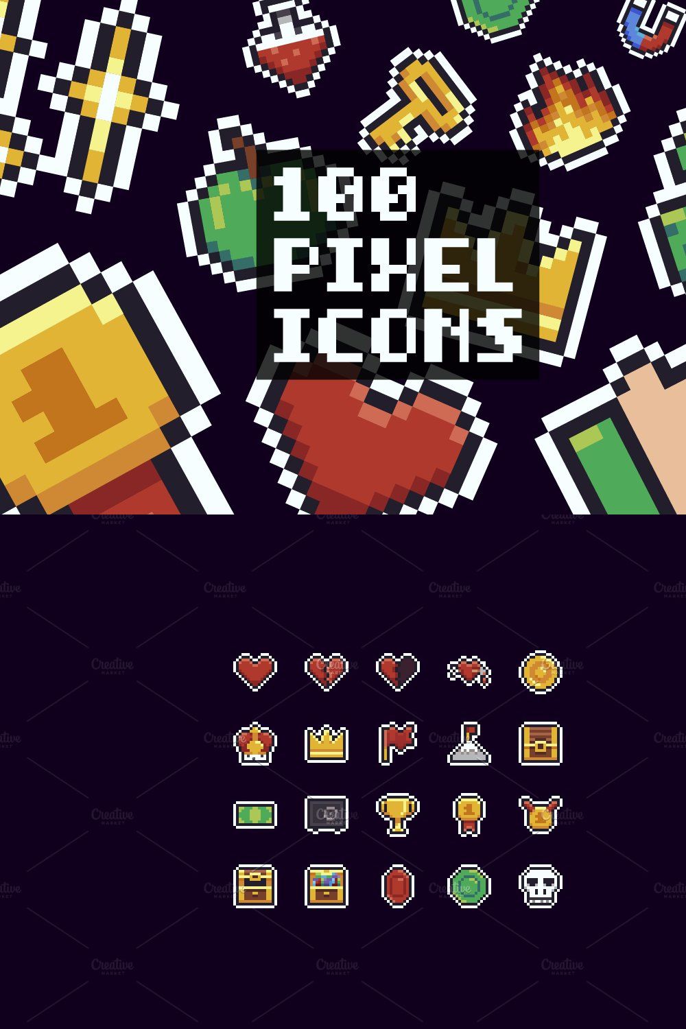 100 Pixel Icons pinterest preview image.