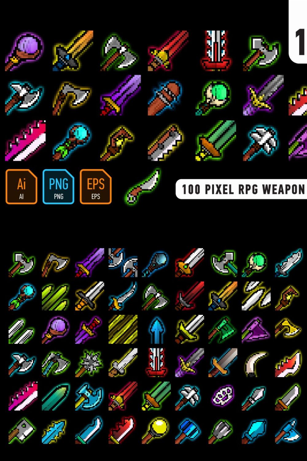 100 Pixel RPG weapon icons pinterest preview image.