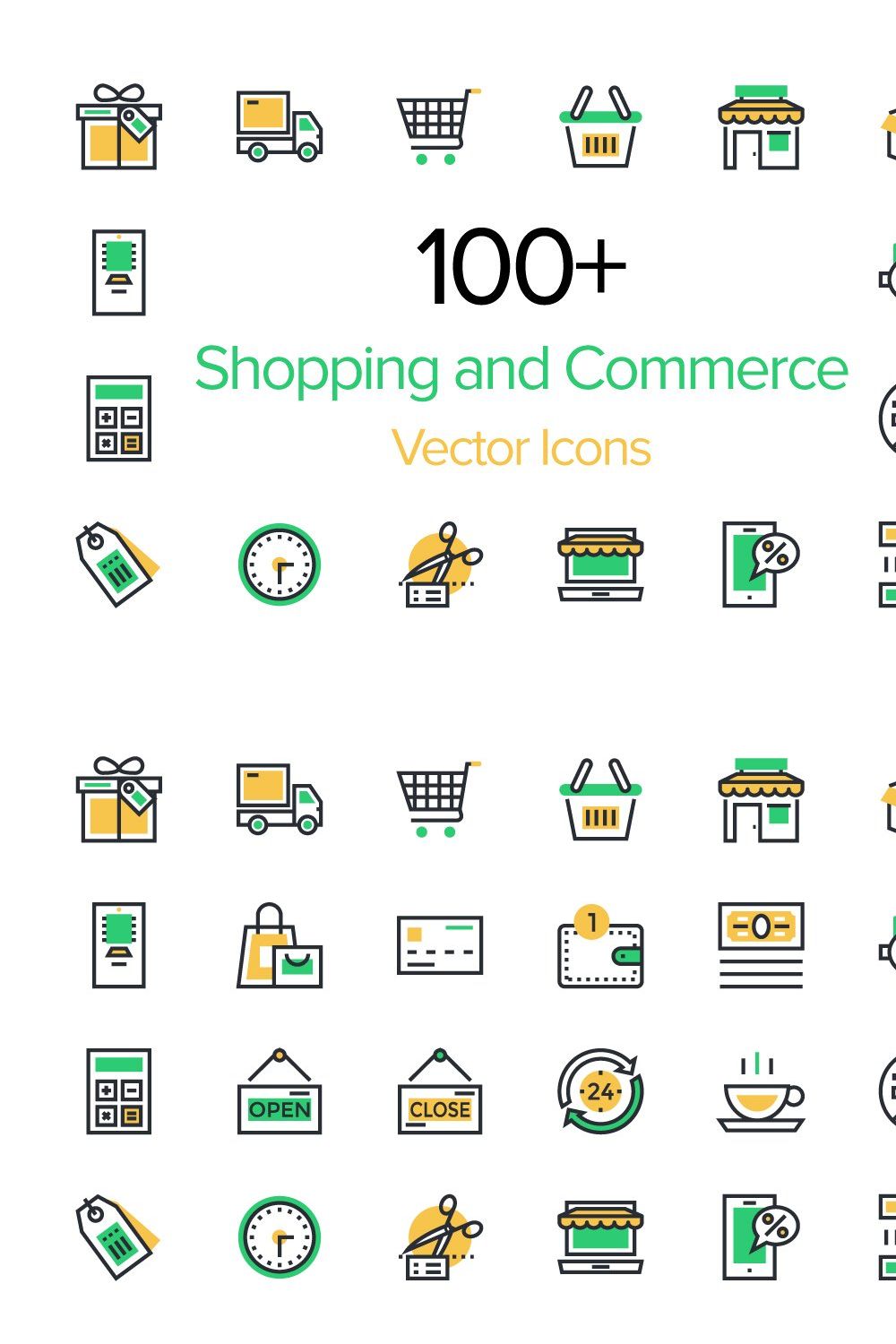 100+ Shopping and Commerce Icons pinterest preview image.