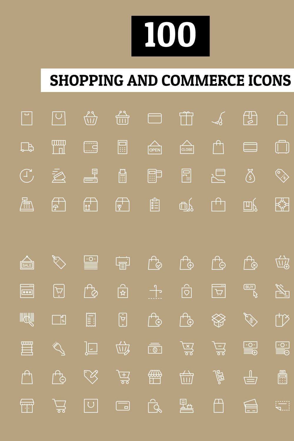 100 Shopping and Commerce Icons pinterest preview image.