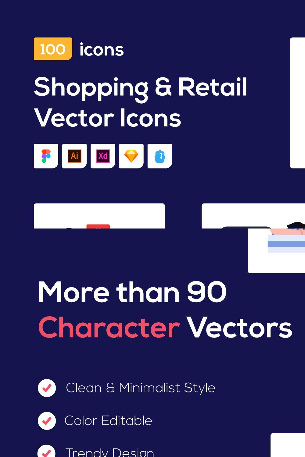 100 Shopping Character Vector Icons pinterest preview image.