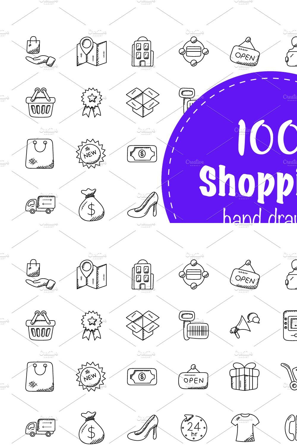 100 Shopping Doodle Icons pinterest preview image.