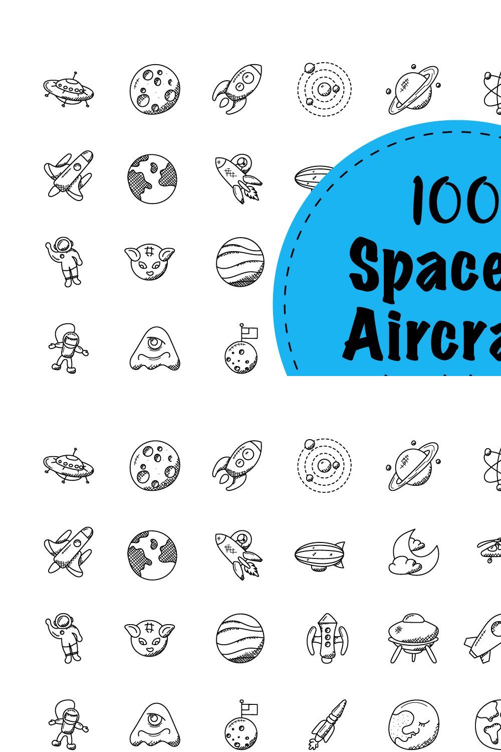 100 Space And Aircrafts Doodle Icons pinterest preview image.