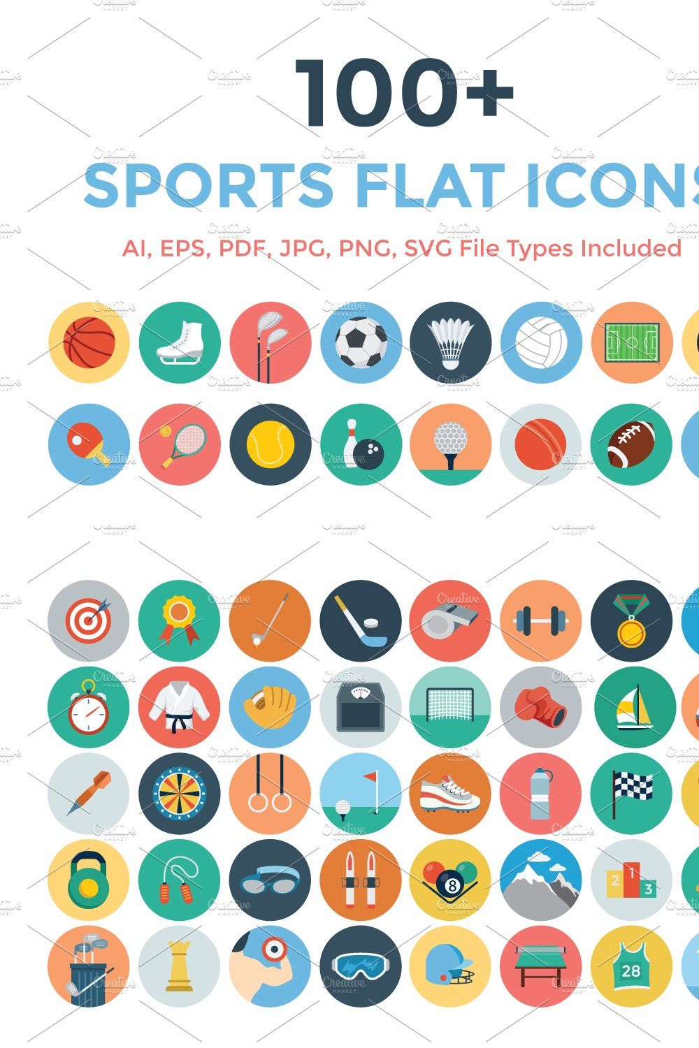 100+ Sports Flat Icons pinterest preview image.