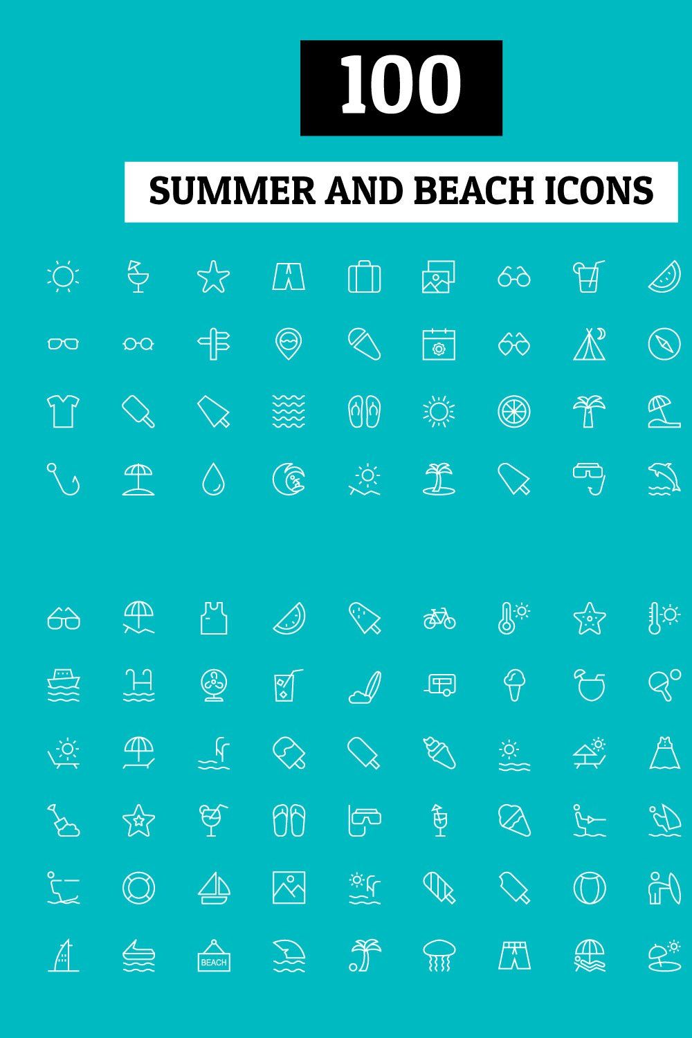 100 Summer and Beach Icons pinterest preview image.