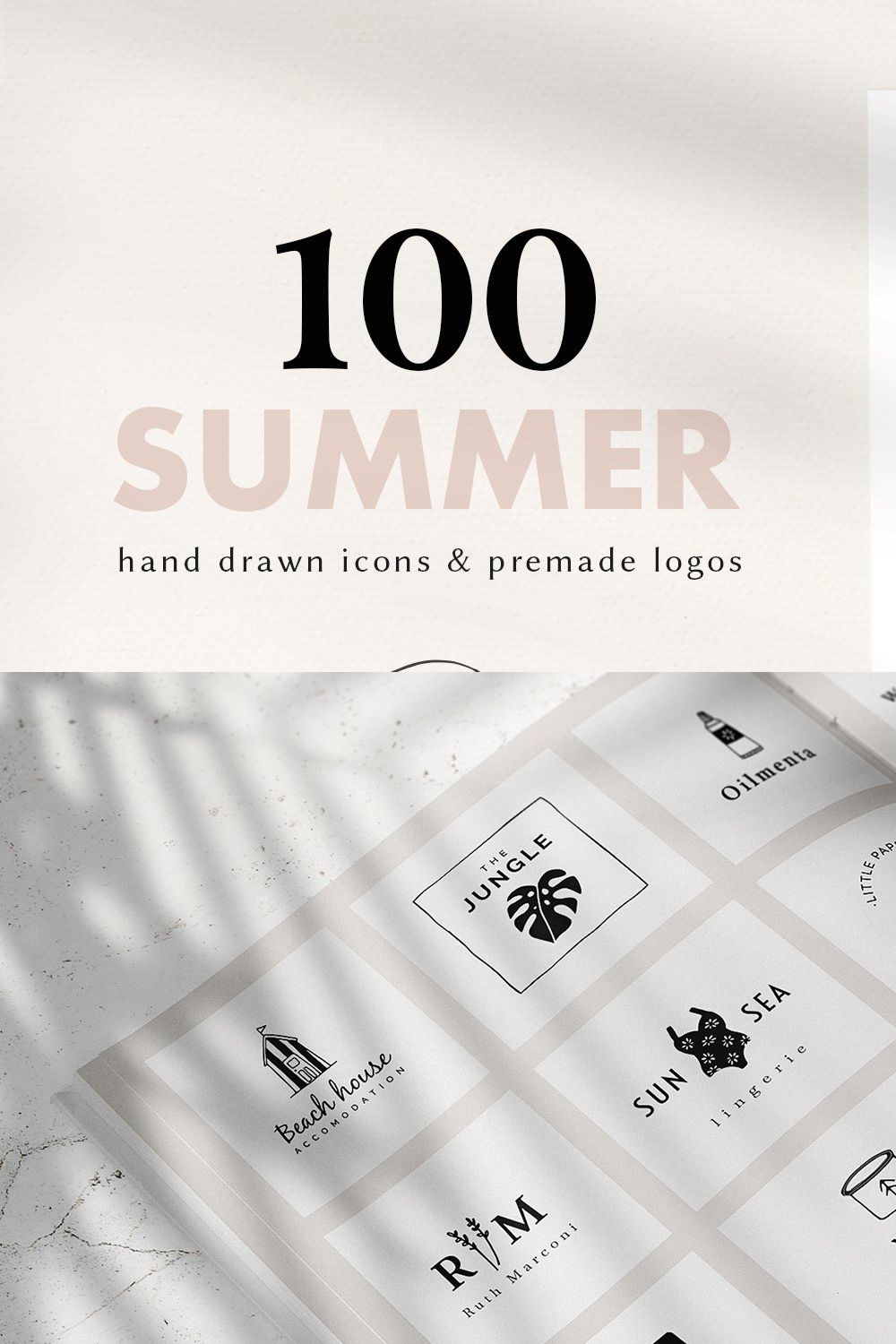 100 SUMMER hand drawn icons & logos pinterest preview image.