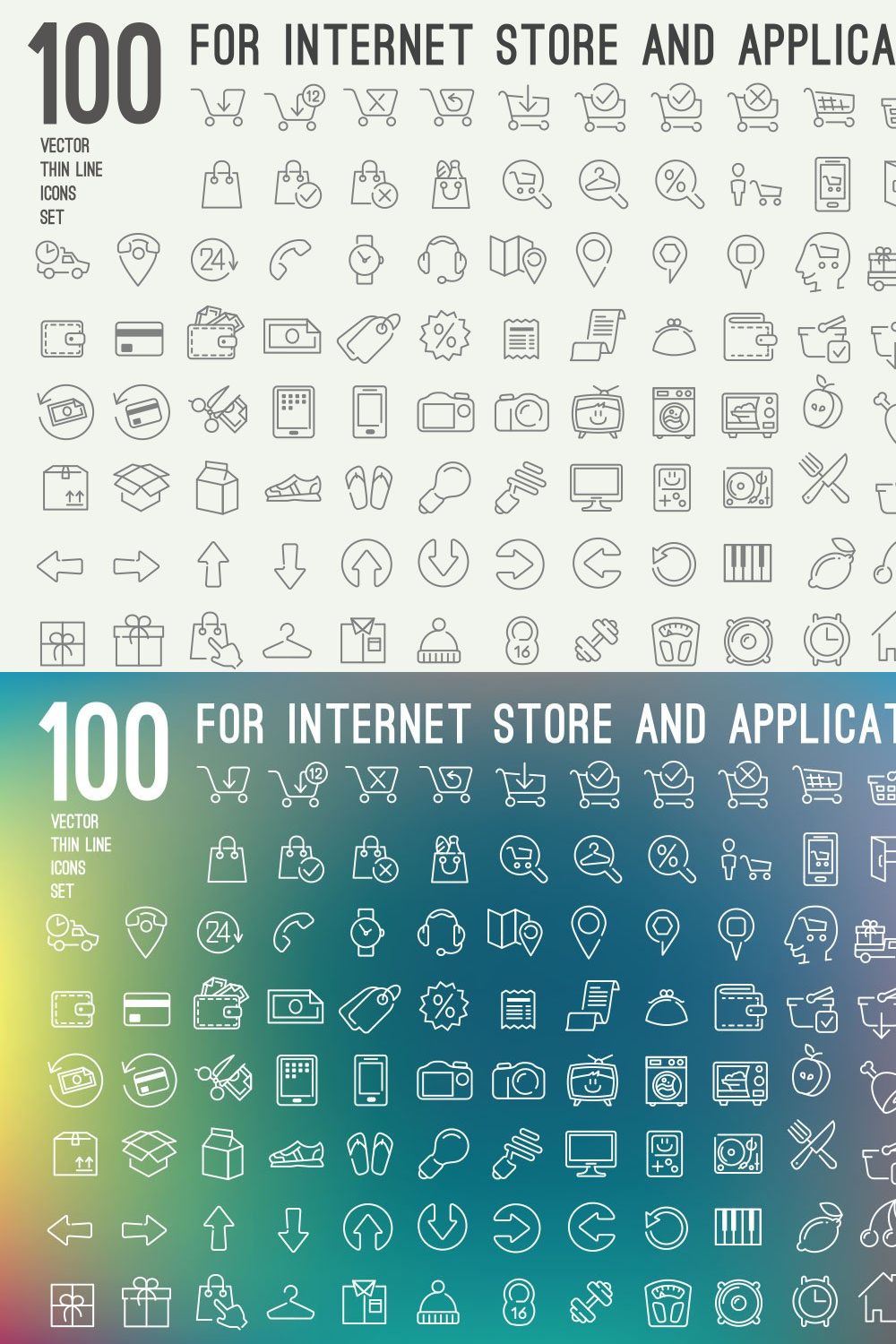 100 thin line icons for web store pinterest preview image.