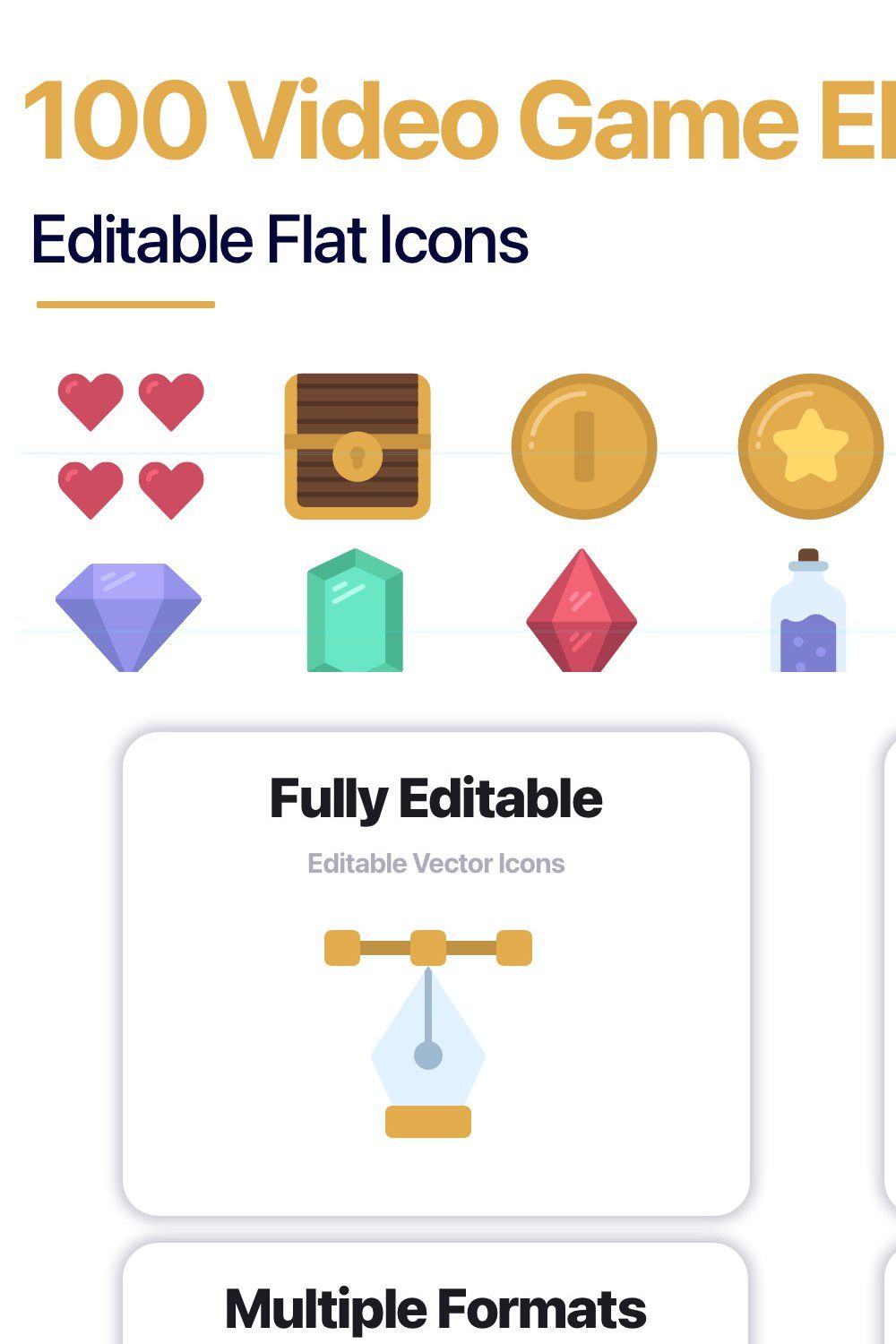 100 Video Game Elements Flat Icons pinterest preview image.