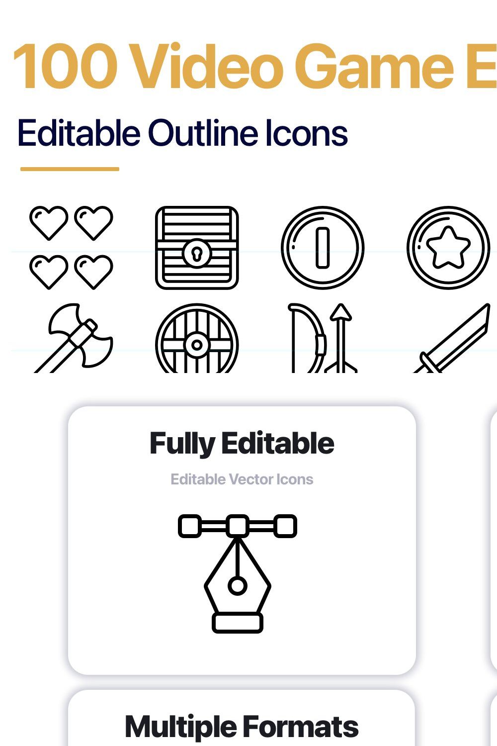 100 Video Game Elements Line Vector pinterest preview image.