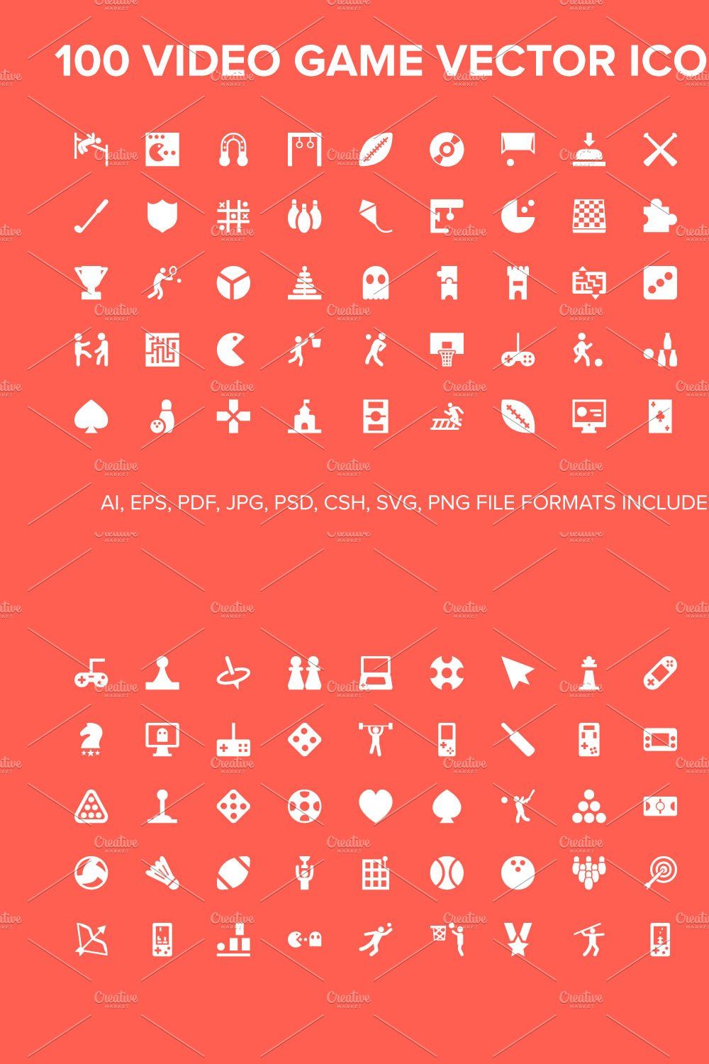 100 Video Game Vector Icons pinterest preview image.