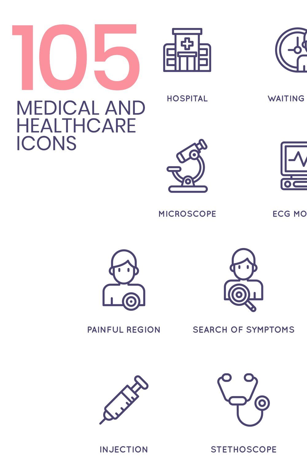 105 Medical and Healthcare Icons pinterest preview image.