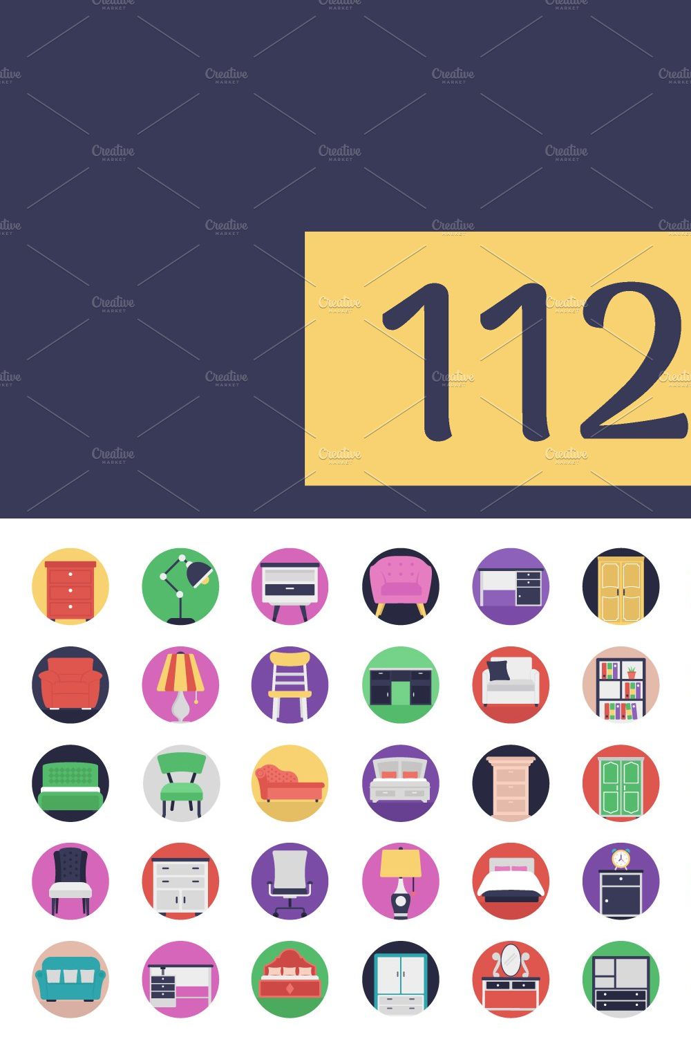 112 Flat Furniture Vector Icons pinterest preview image.