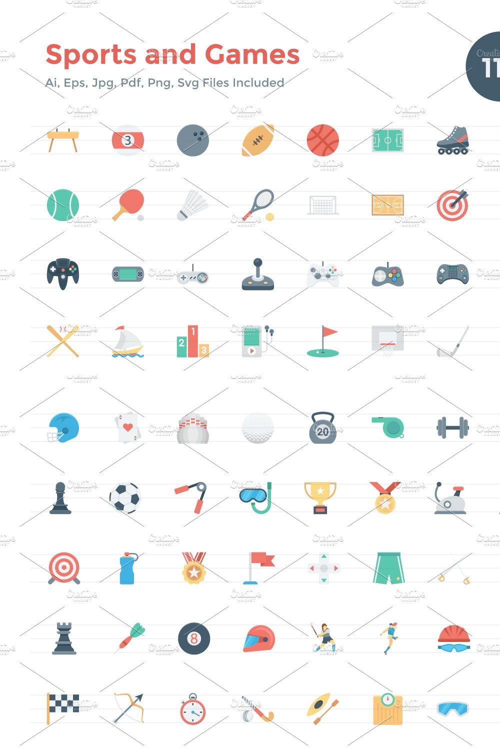 112 Flat Games and Sports Icons pinterest preview image.