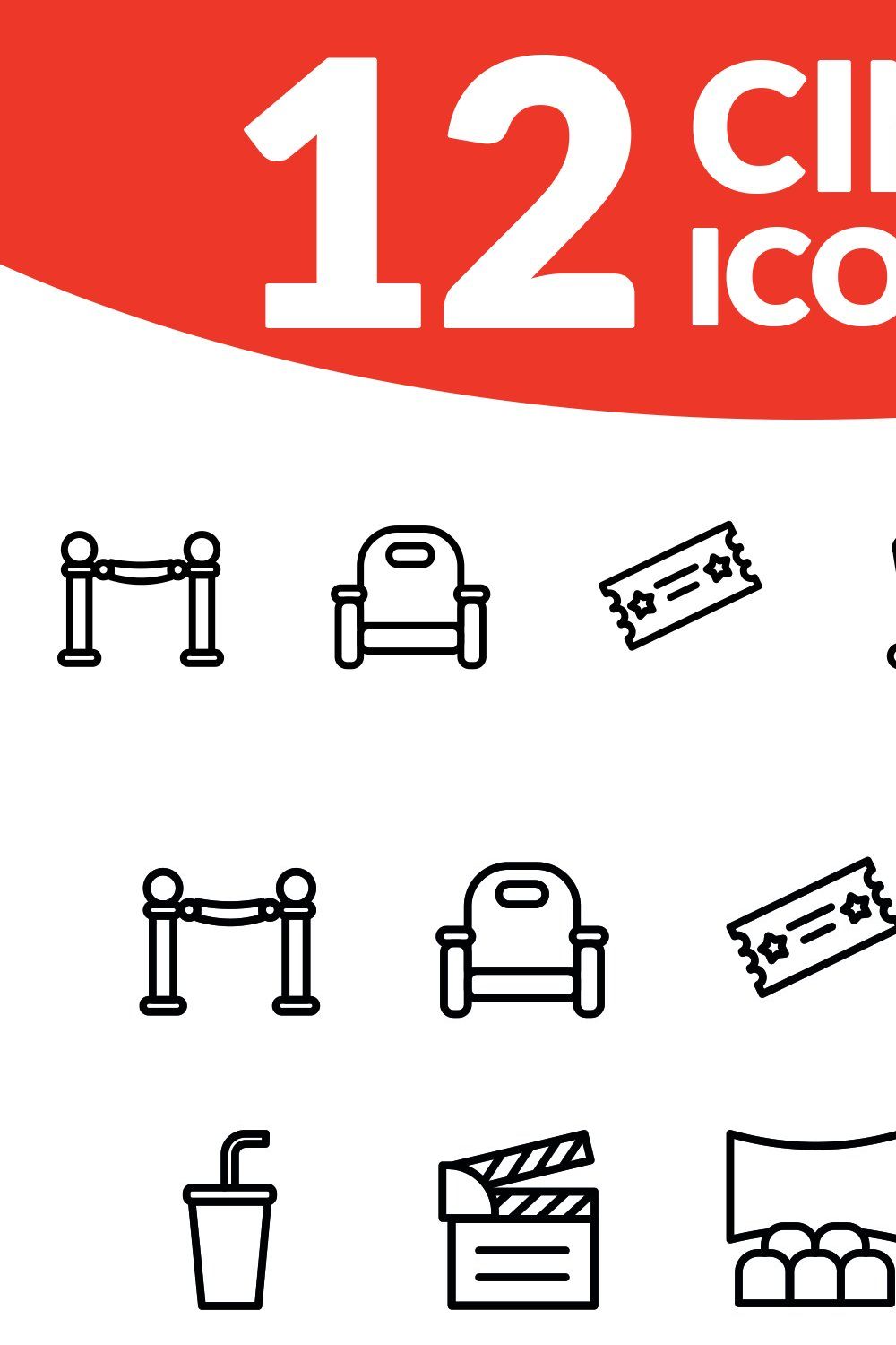 12 cinema icons set pinterest preview image.