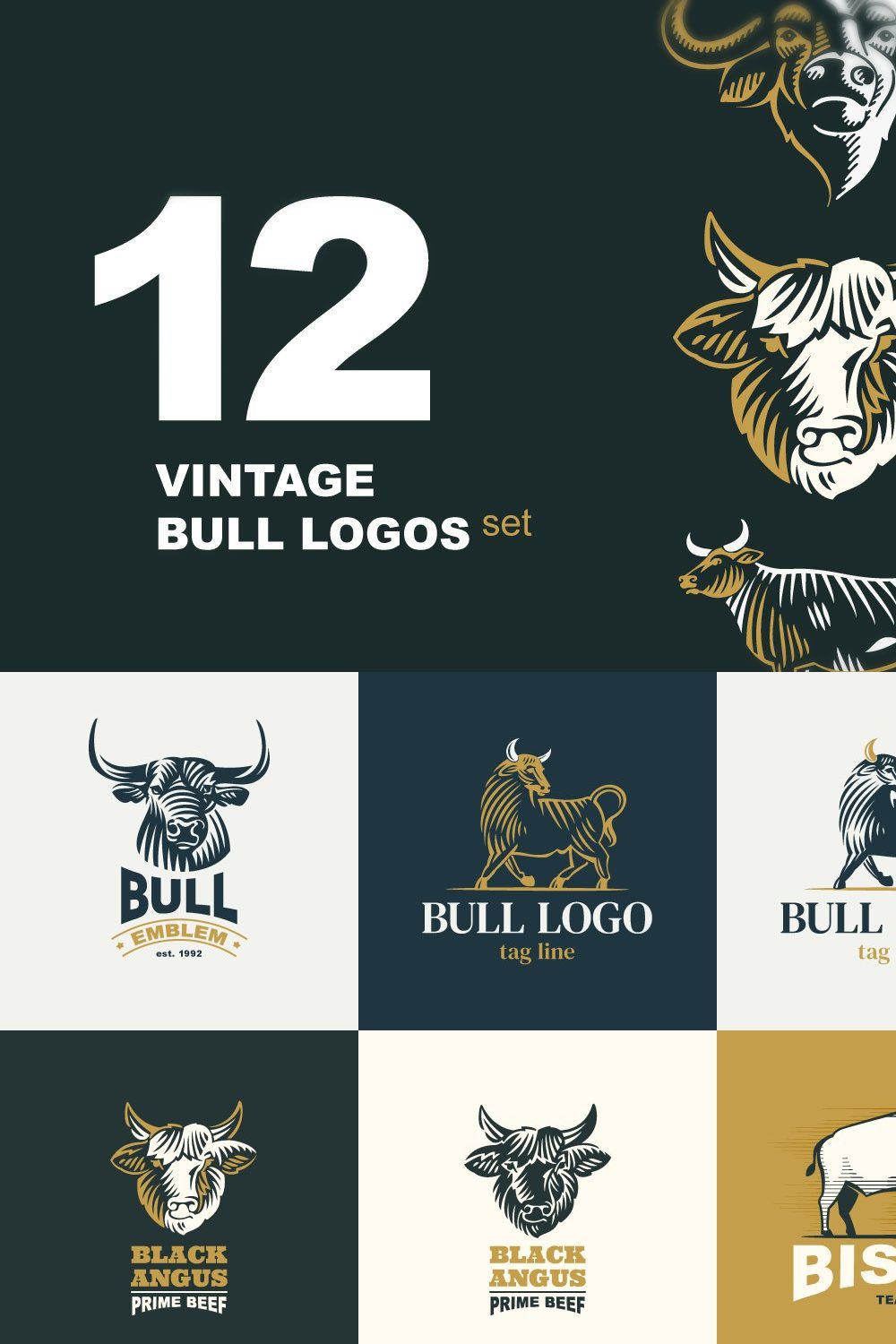 12 vintage bull logos set pinterest preview image.