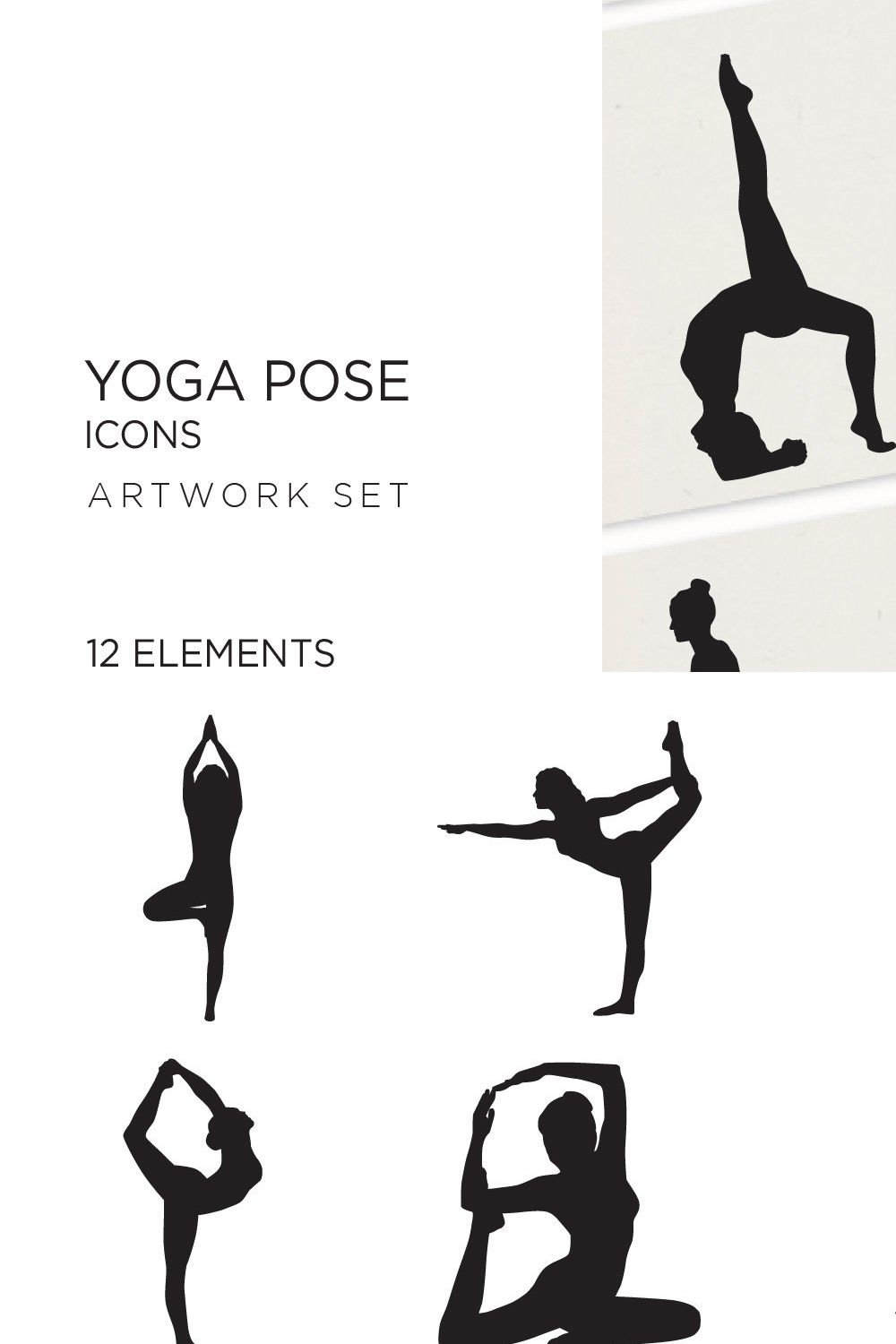12 yoga pose, meditation, silhouette pinterest preview image.