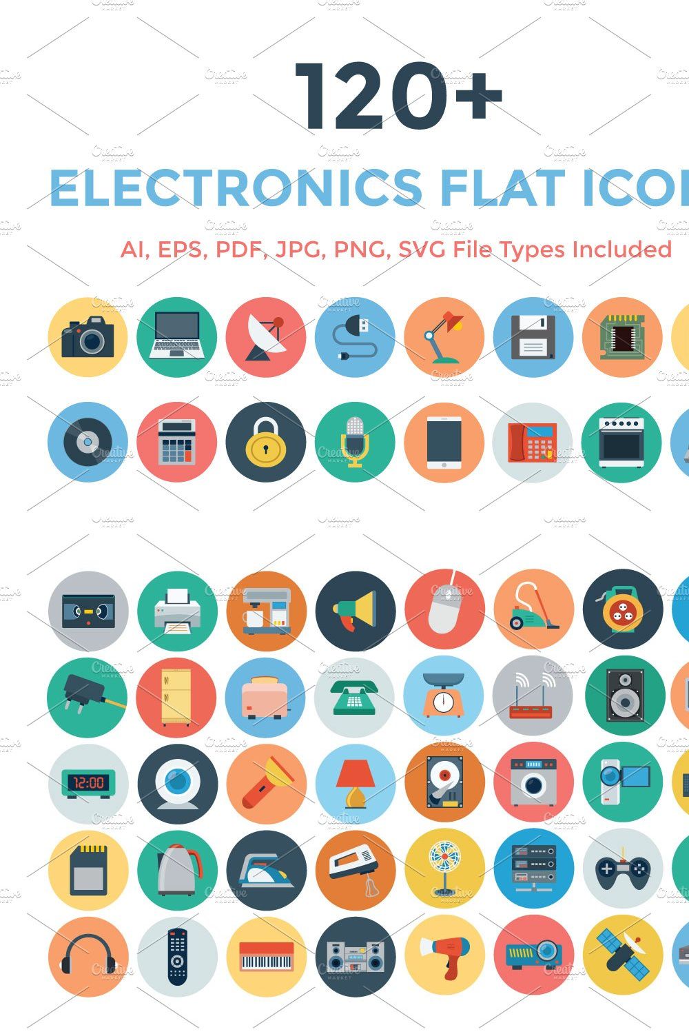 120+ Electronics Flat Icons pinterest preview image.