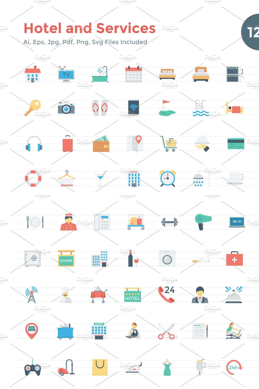 120 Flat Hotel and Services Icons pinterest preview image.