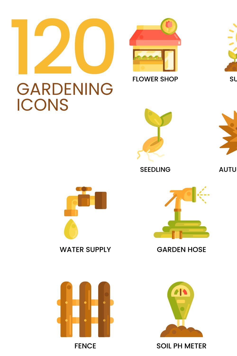 120 Gardening Icons | Caramel pinterest preview image.