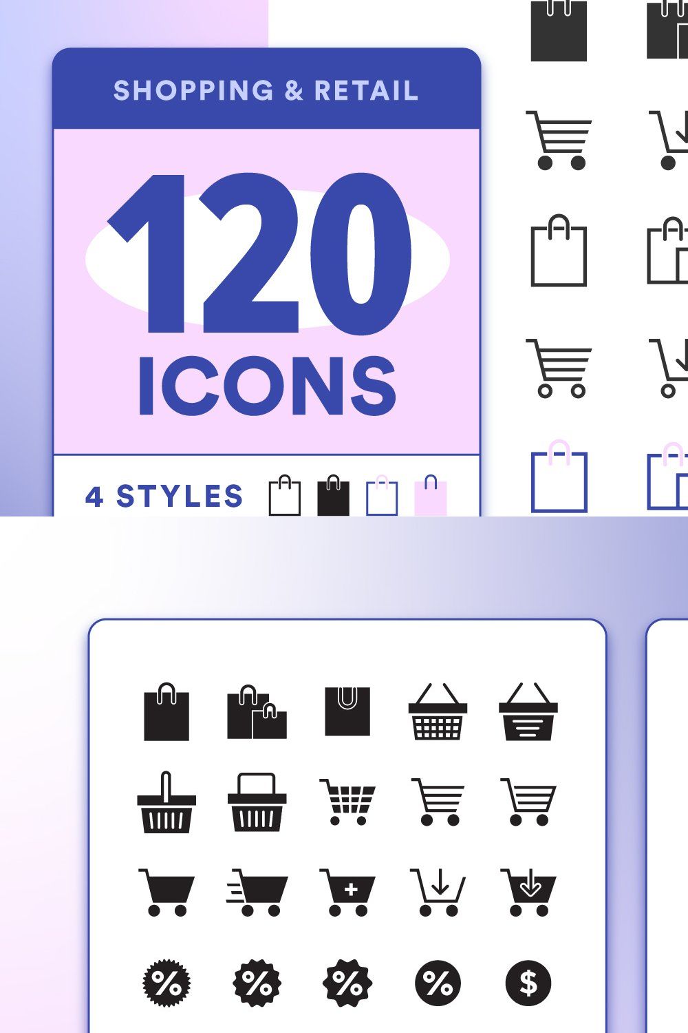 120 Minimal Shopping Icons Pack pinterest preview image.