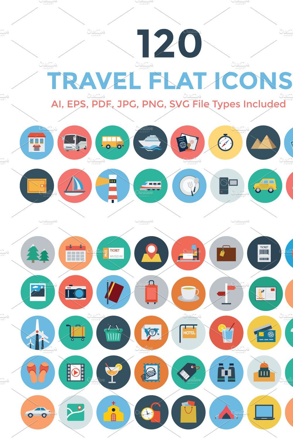 120 Travel Flat Icons pinterest preview image.