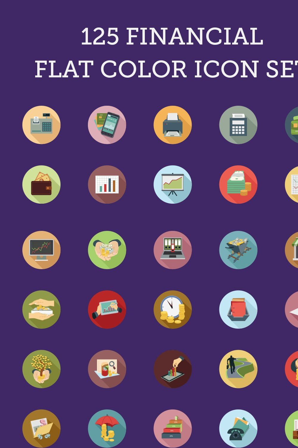 125 Financial Flat Color Icon Set pinterest preview image.