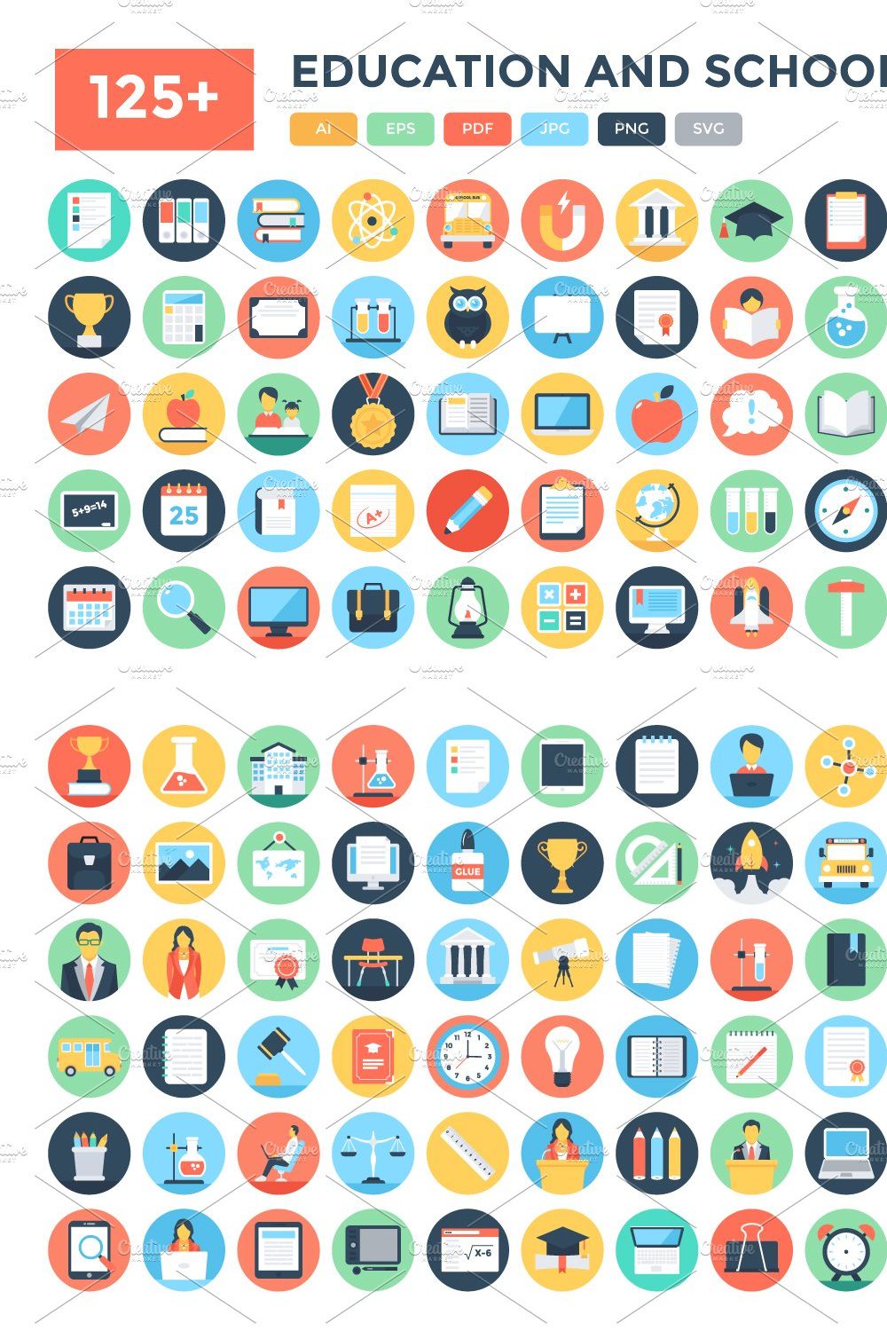 125+ Flat Education and School Icons pinterest preview image.