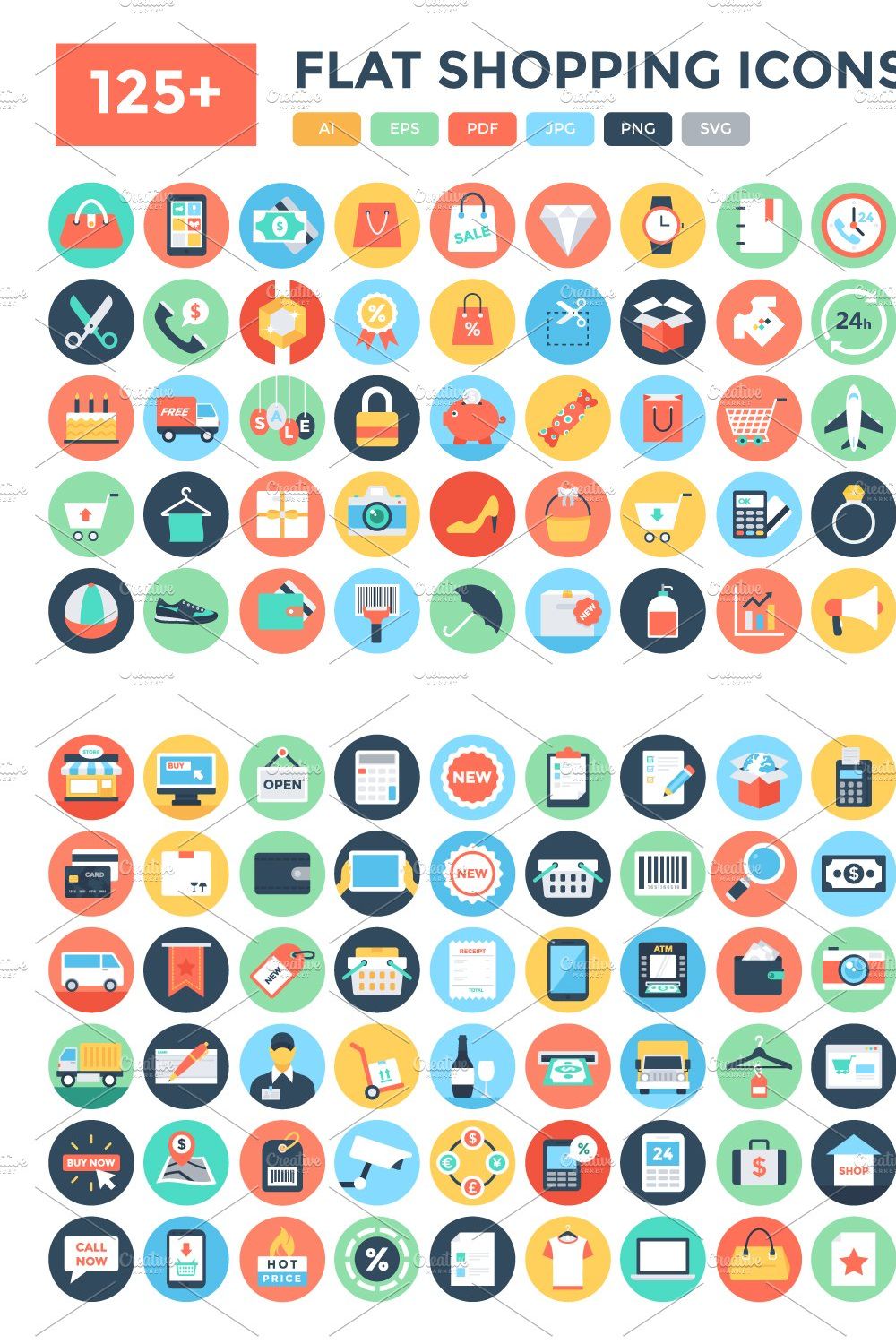 125+ Flat Shopping Icons pinterest preview image.