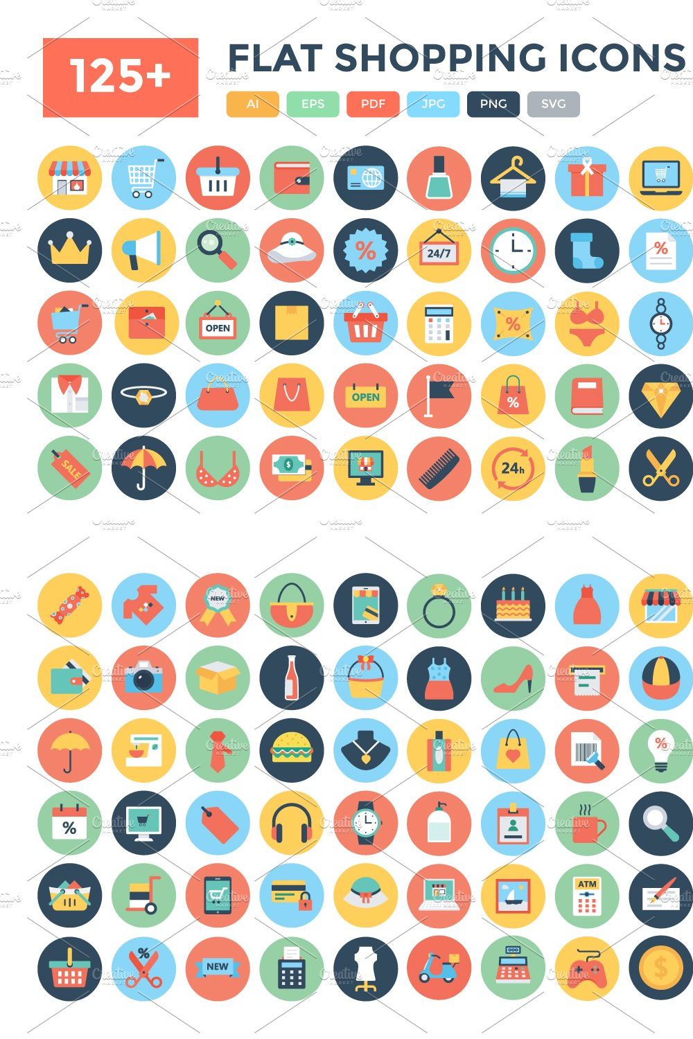 125+ Flat Shopping Icons pinterest preview image.