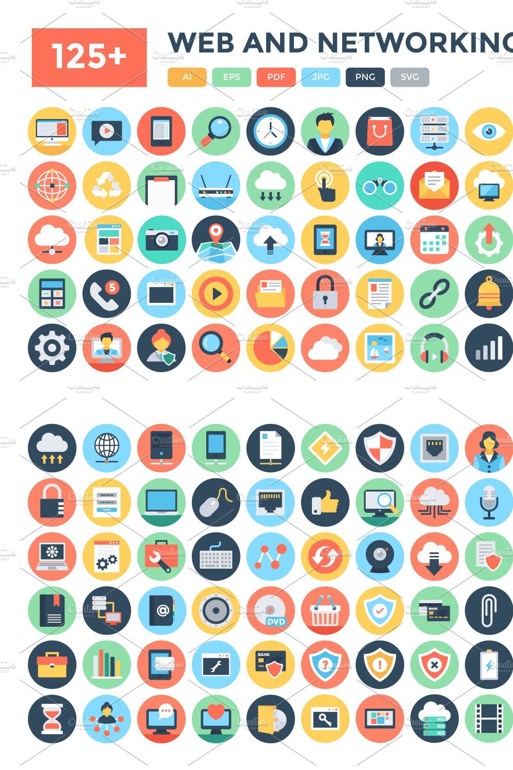 125+ Flat Web and Networking Icons pinterest preview image.