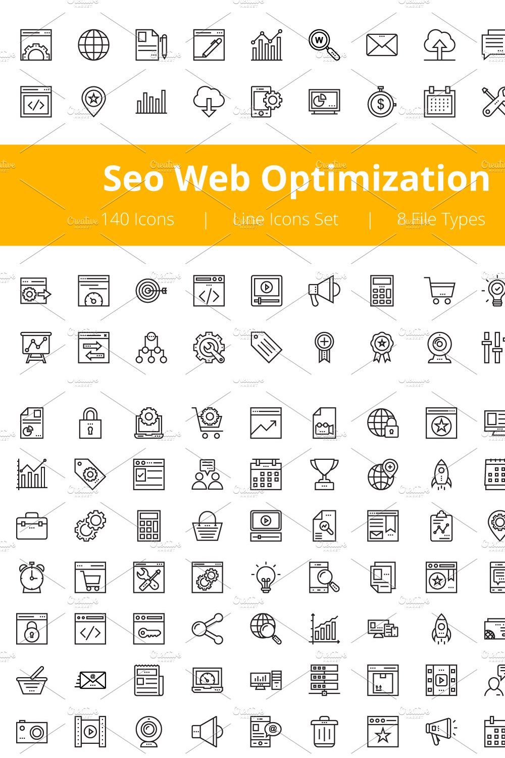 125+ Seo Web Optimization Line Icons pinterest preview image.