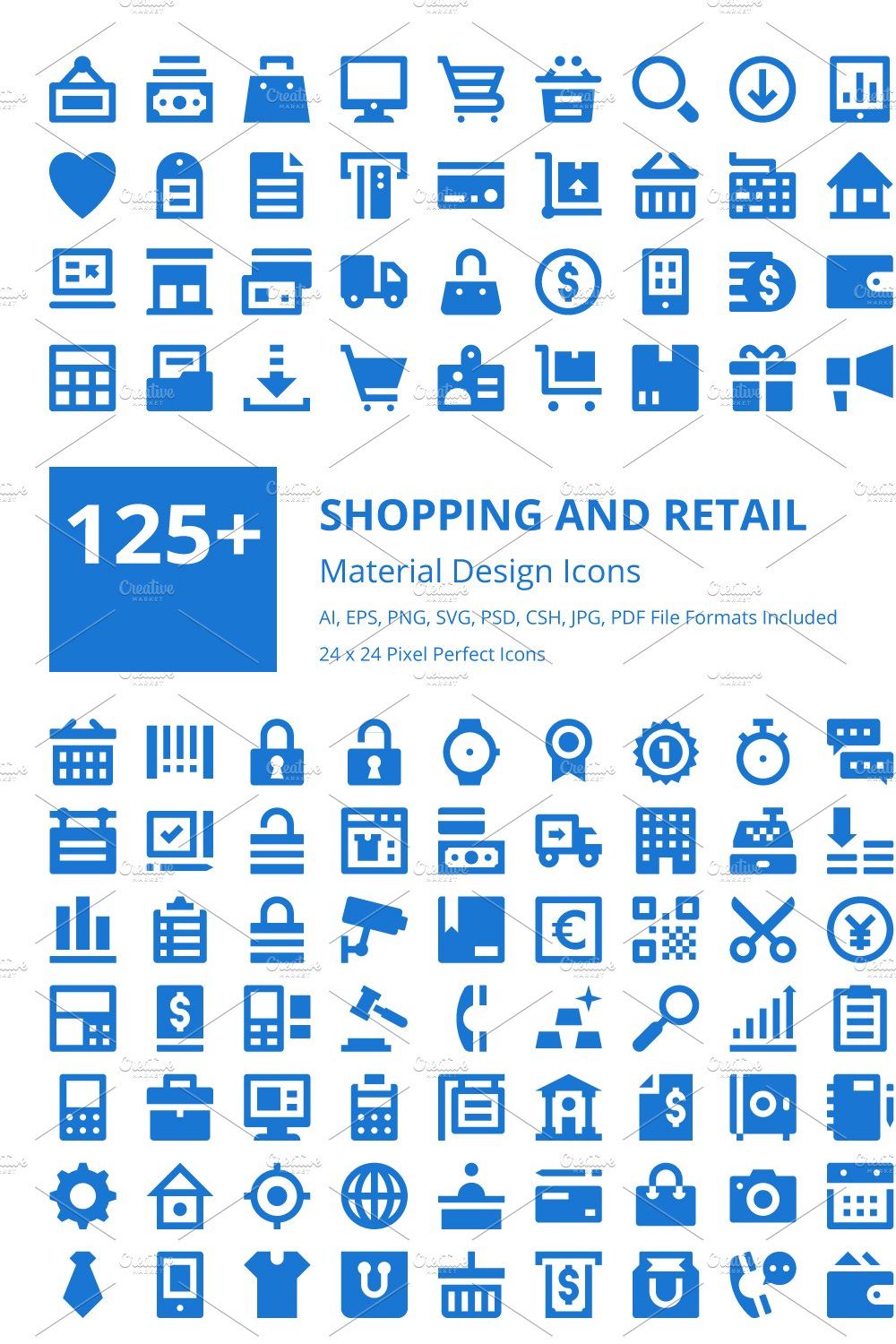 125+ Shopping and Retail Icons Set pinterest preview image.