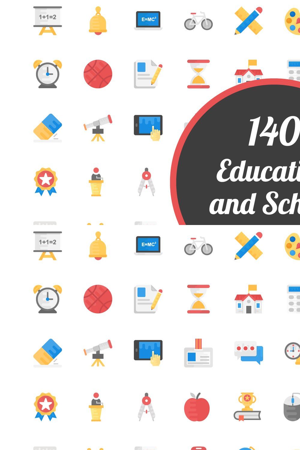 140 Education and School Flat Icons pinterest preview image.