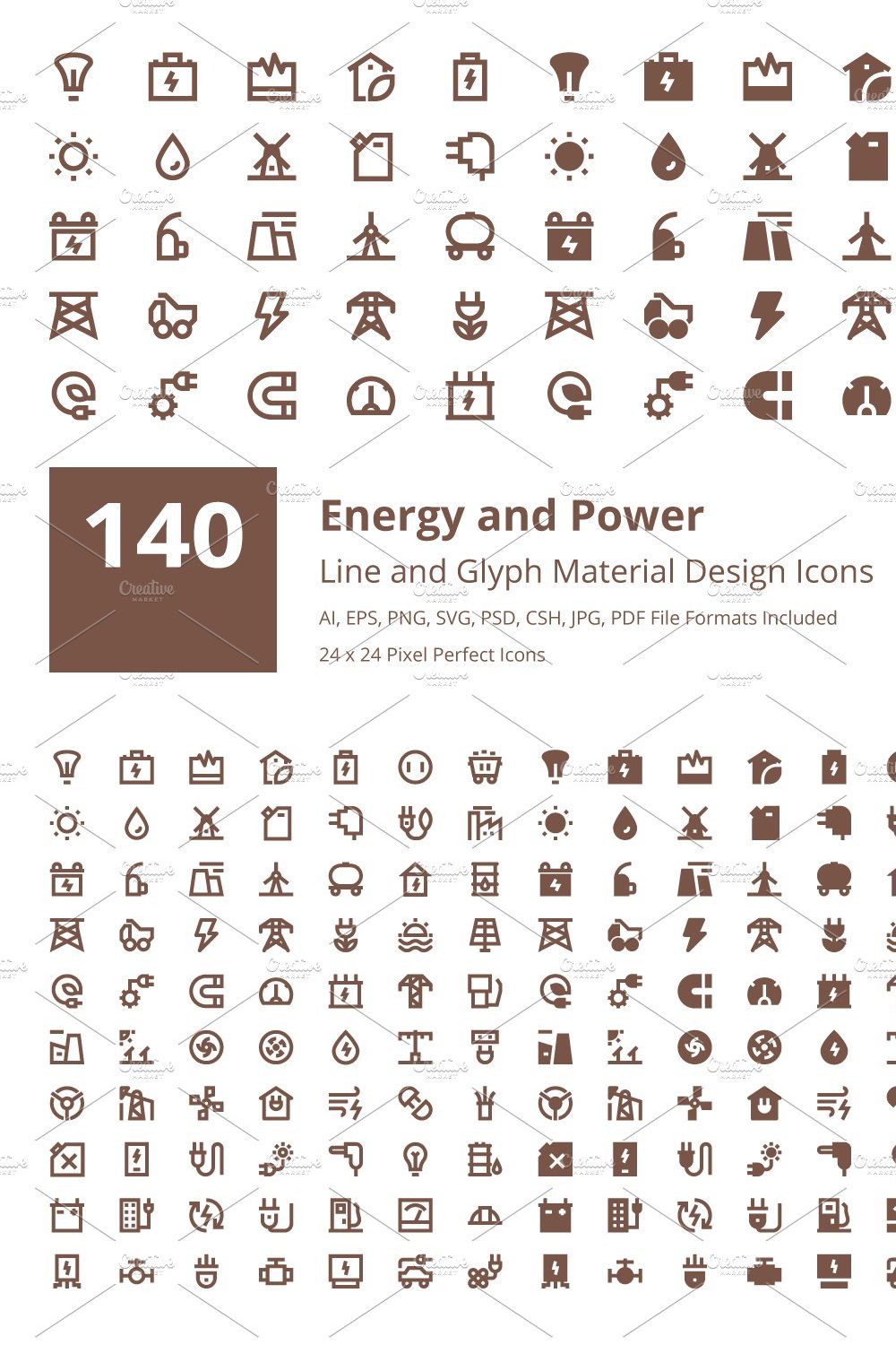 140 Energy and Power Material Icons pinterest preview image.