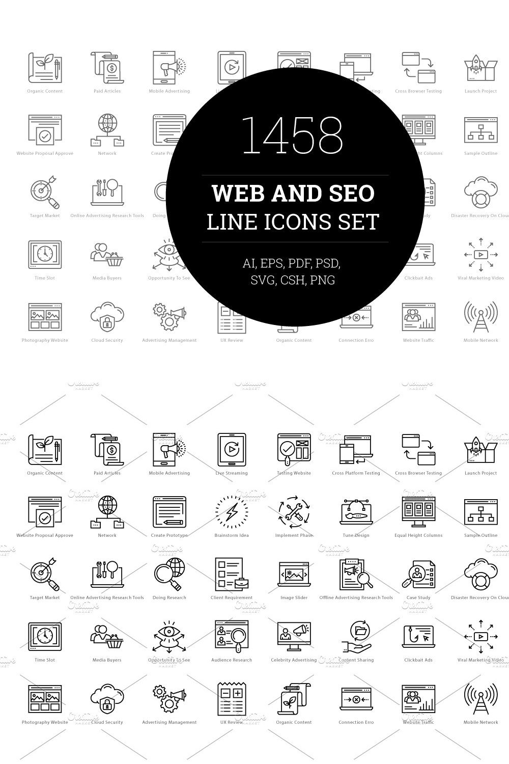 1458 Web and Seo Line Icons Set pinterest preview image.