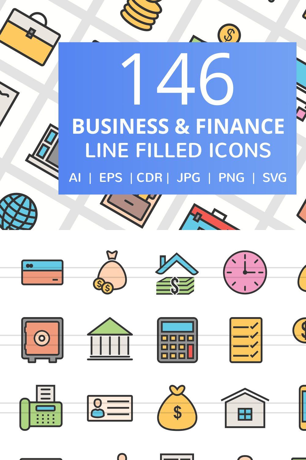 146 Business & Finance Filled Icons pinterest preview image.