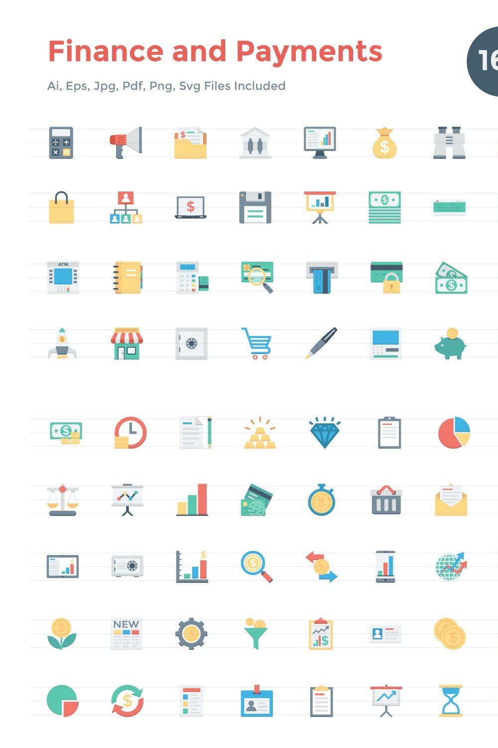 150+ Flat Finance and Payments Icons pinterest preview image.