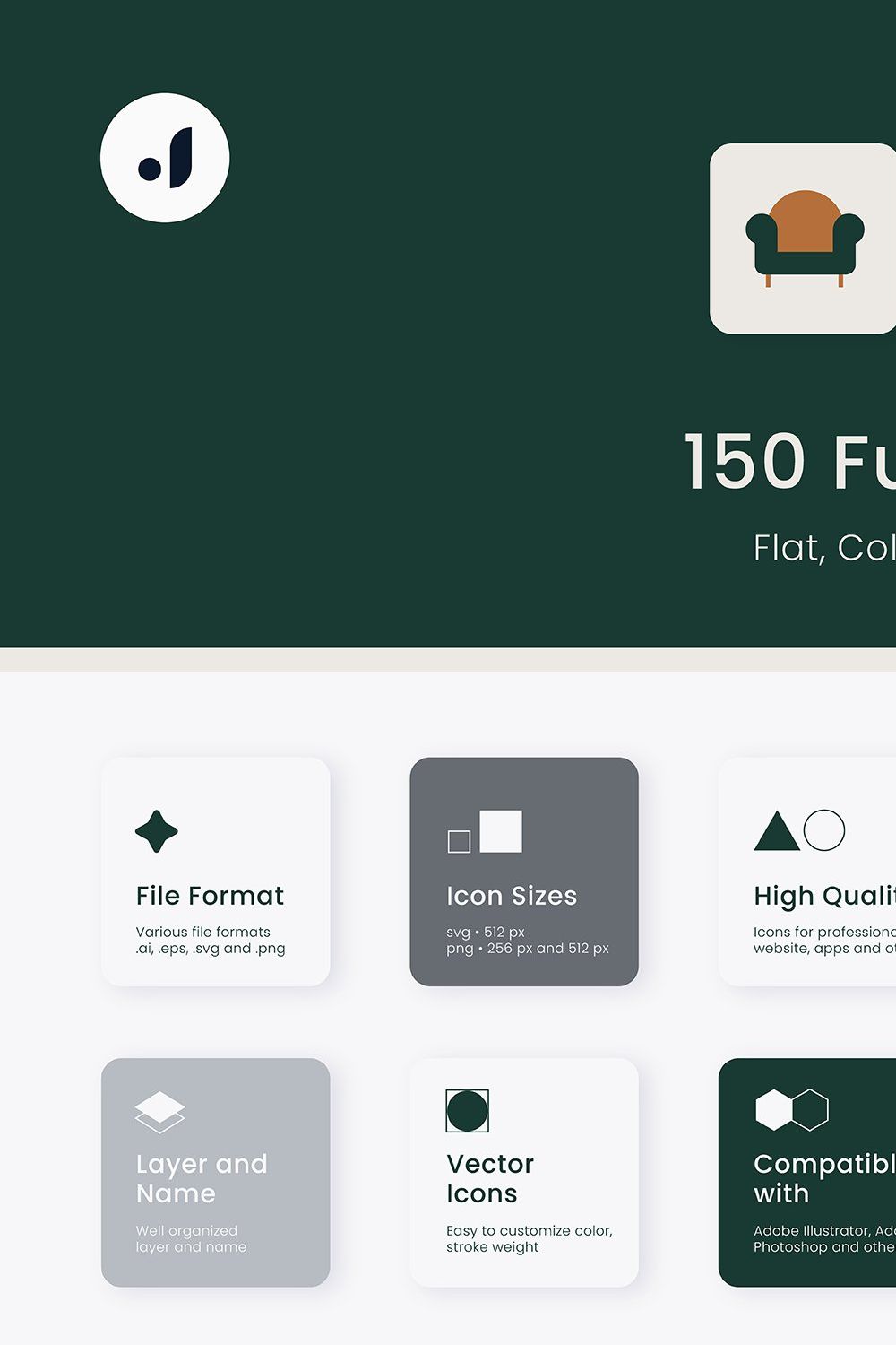 150 Furniture icons set pinterest preview image.