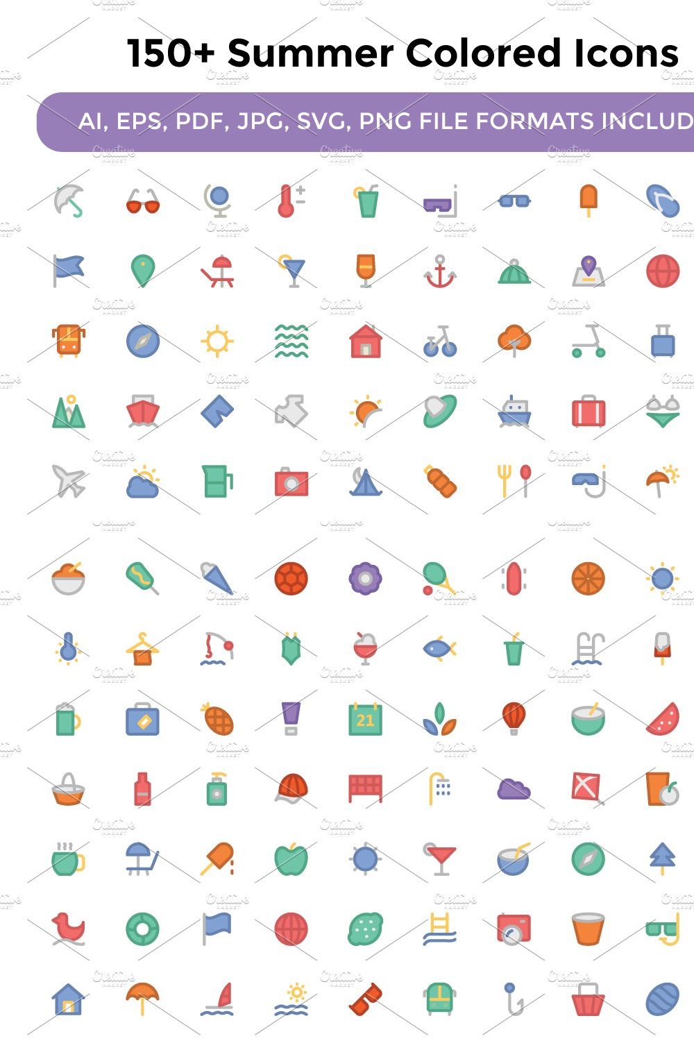 150+ Summer Colored Icons pinterest preview image.
