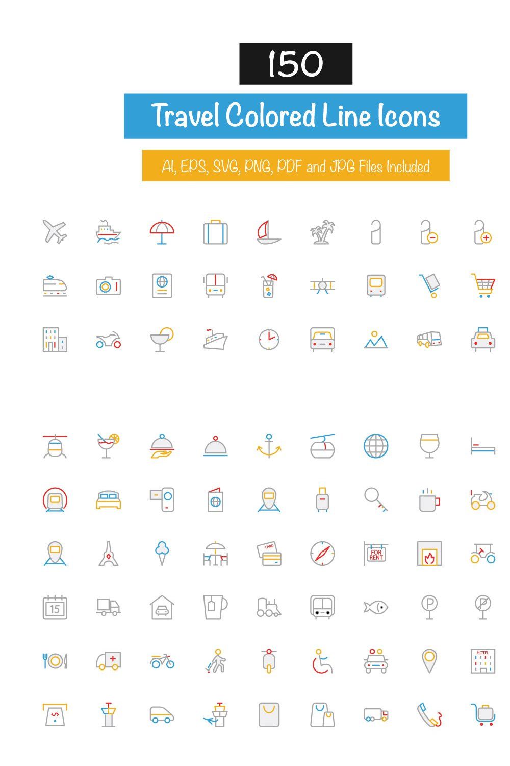 150 Travel Colored Line Icons pinterest preview image.