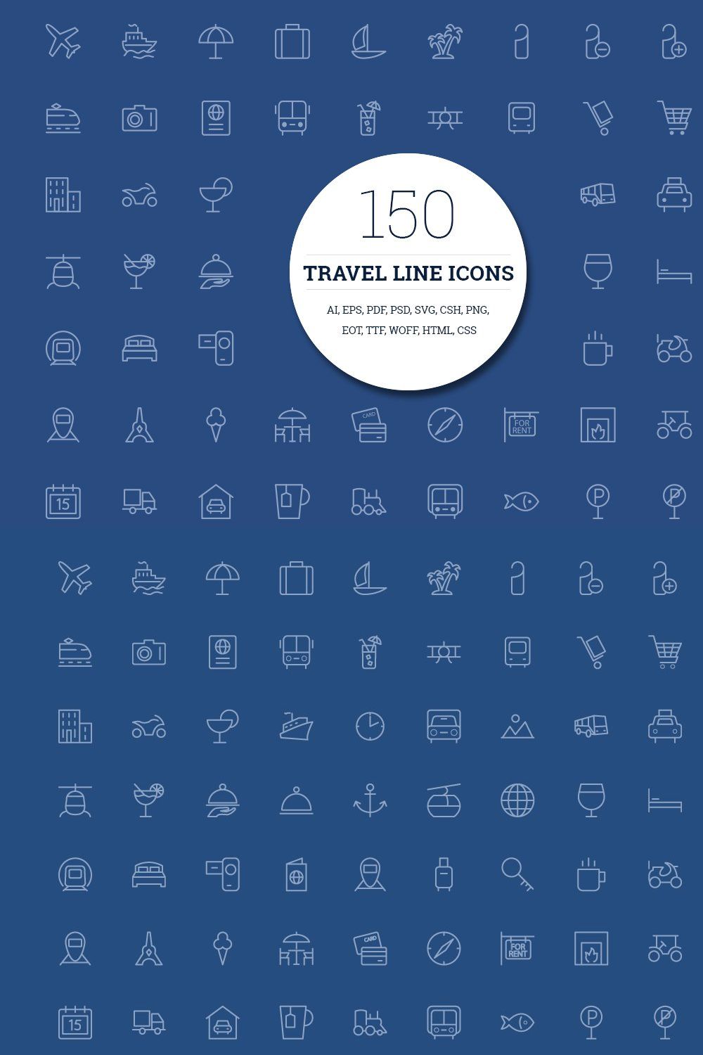 150 Travel Line Icons pinterest preview image.