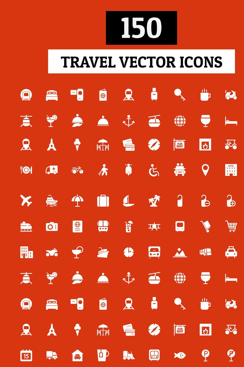 150 Travel Vector Icons pinterest preview image.